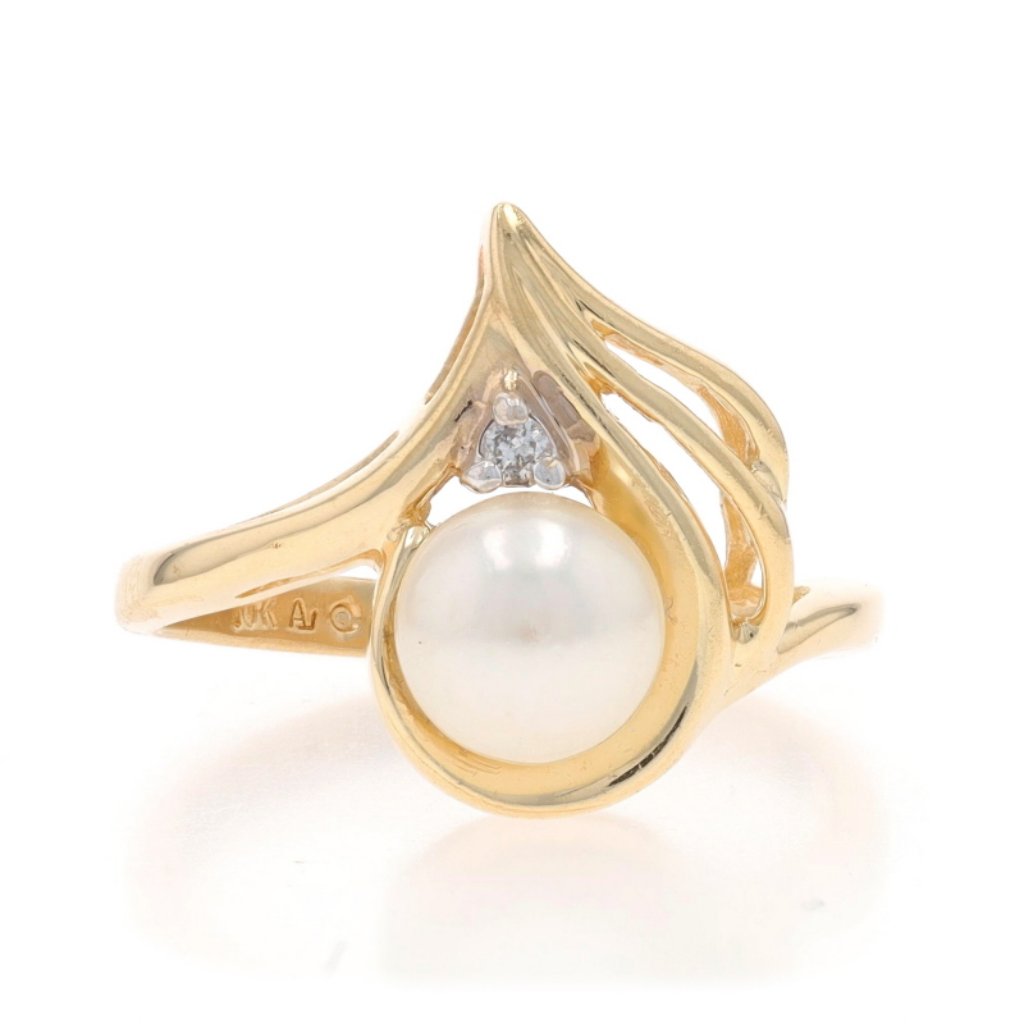 Yellow Gold Pearl Diamond Bypass Ring 10k